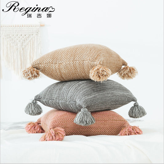 REGINA Two Color Mix Knitted Cushion Cover 45*45 Home Decor Pillow Case Warm Thick Cozy Beauty Tassel Couch Bed Pillow Cover