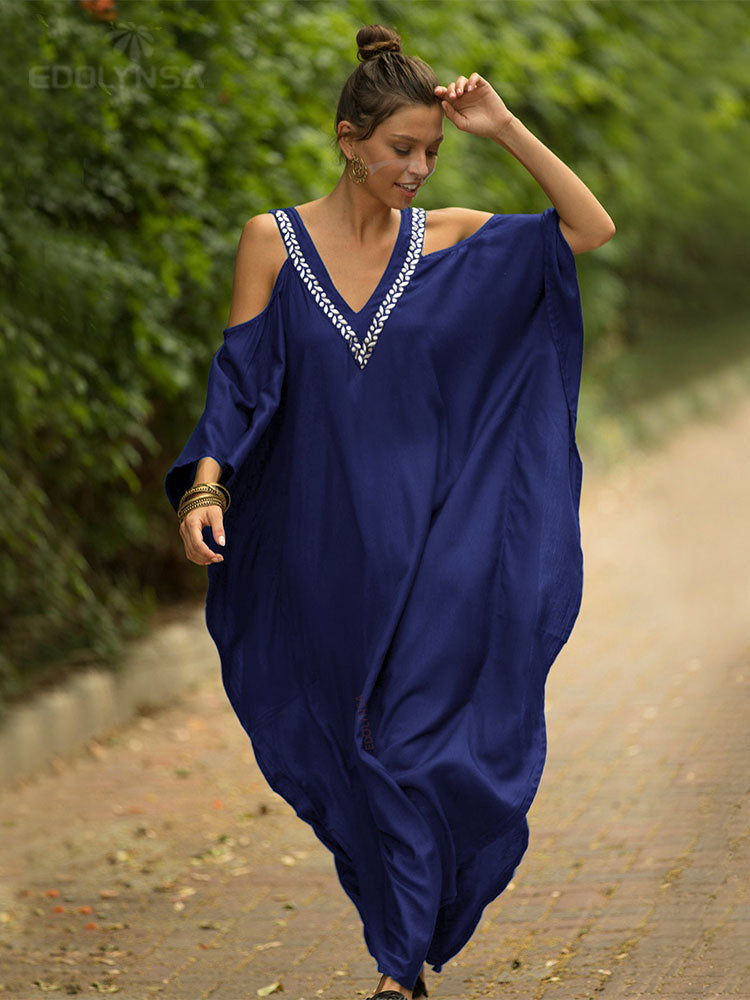 Women's V Neck Bat Sleeve Loose Summer Beach Dress Kaftan