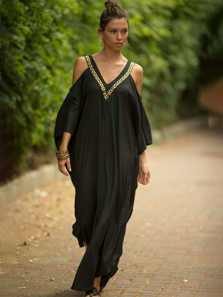 Women's V Neck Bat Sleeve Loose Summer Beach Dress Kaftan