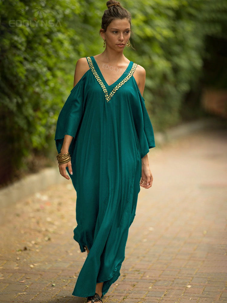 Women's V Neck Bat Sleeve Loose Summer Beach Dress Kaftan