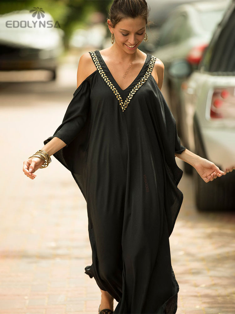 Women's V Neck Bat Sleeve Loose Summer Beach Dress Kaftan