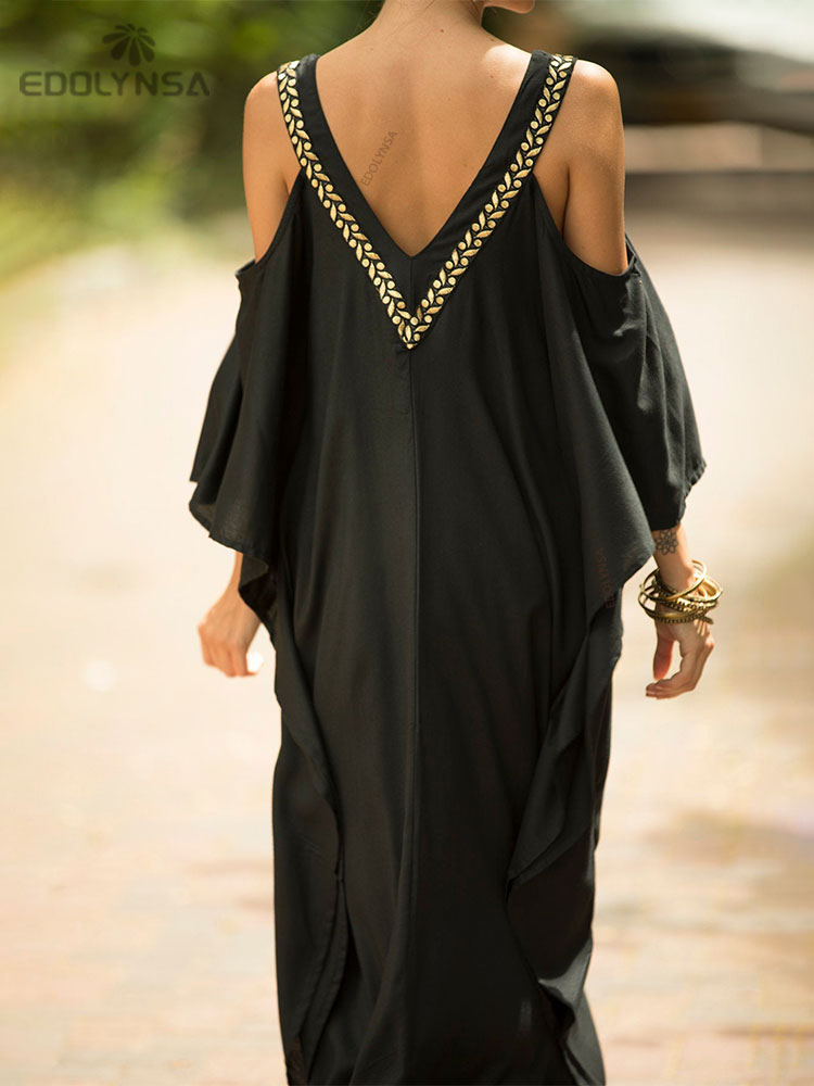 Women's V Neck Bat Sleeve Loose Summer Beach Dress Kaftan