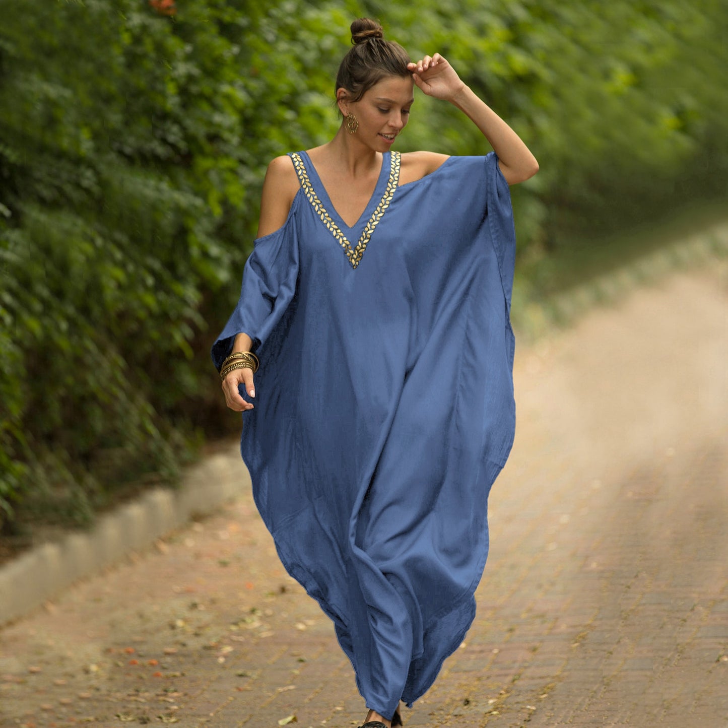 Women's V Neck Bat Sleeve Loose Summer Beach Dress Kaftan