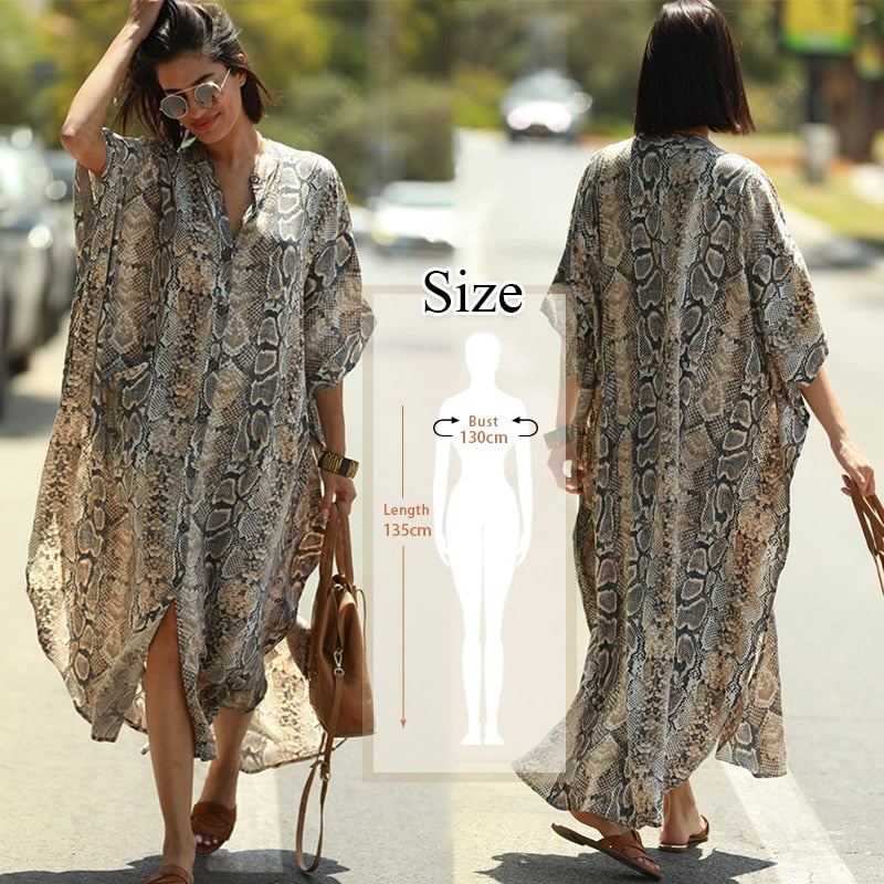 Women's V Neck Bat Sleeve Loose Summer Beach Dress Kaftan