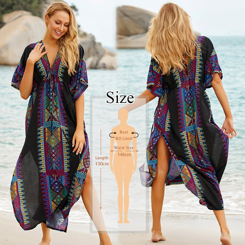 Women's V Neck Bat Sleeve Loose Summer Beach Dress Kaftan