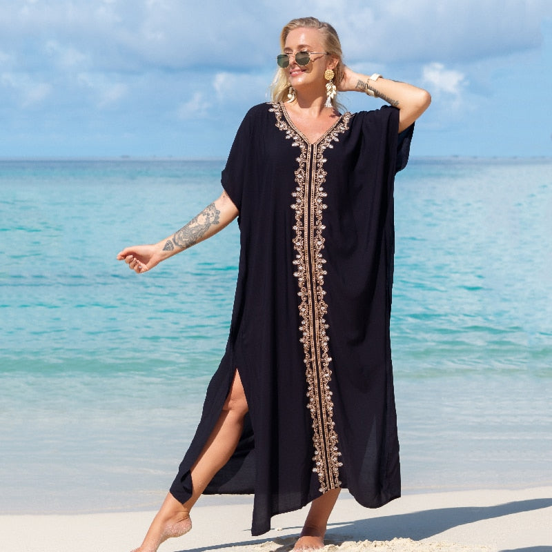 Women's V Neck Bat Sleeve Loose Summer Beach Dress Kaftan