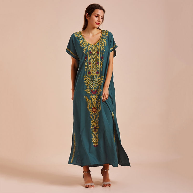 Women's V Neck Bat Sleeve Loose Summer Beach Dress Kaftan