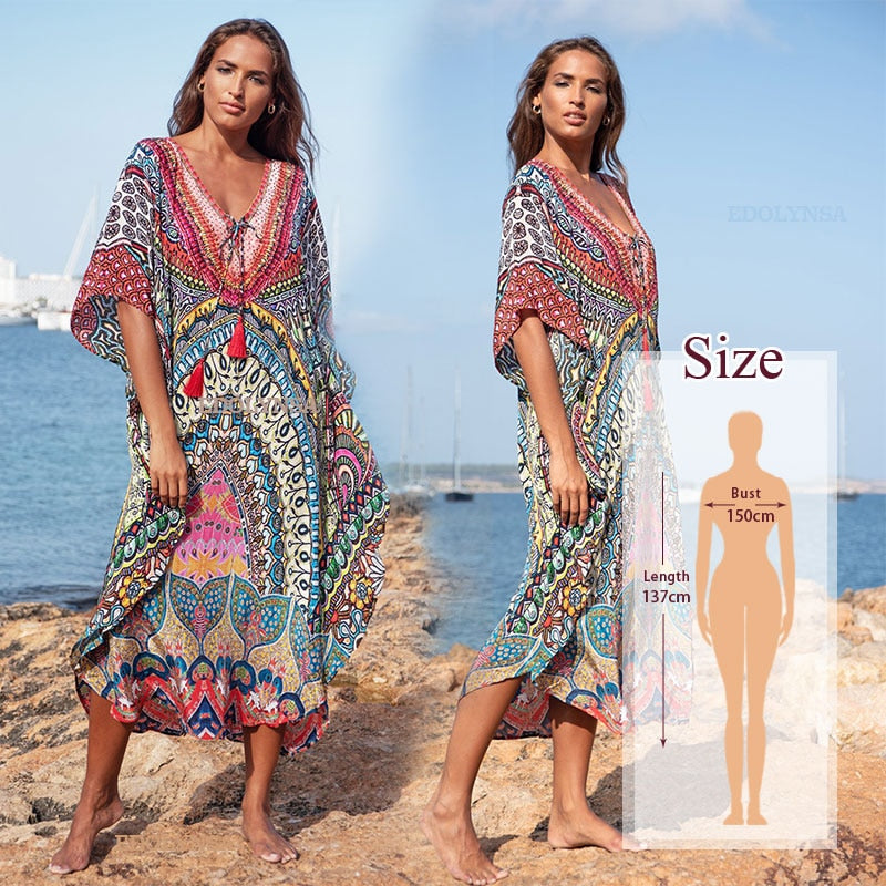 Women's V Neck Bat Sleeve Loose Summer Beach Dress Kaftan