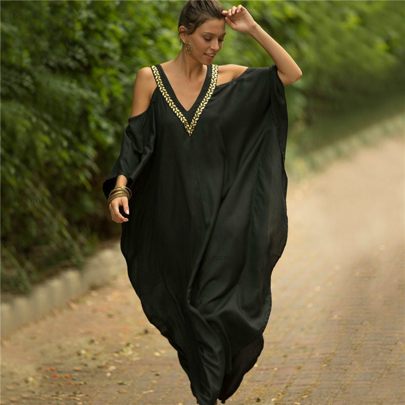 Women's V Neck Bat Sleeve Loose Summer Beach Dress Kaftan