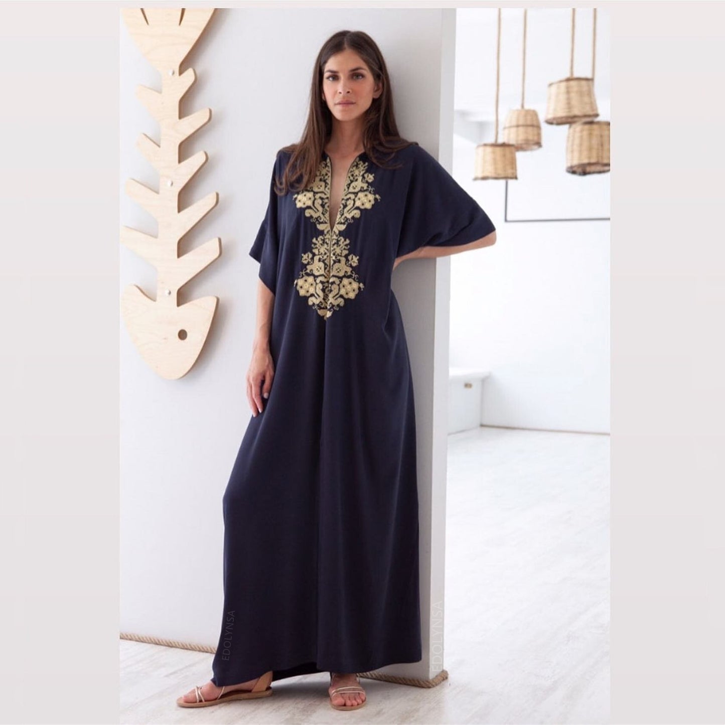 Women's V Neck Bat Sleeve Loose Summer Beach Dress Kaftan