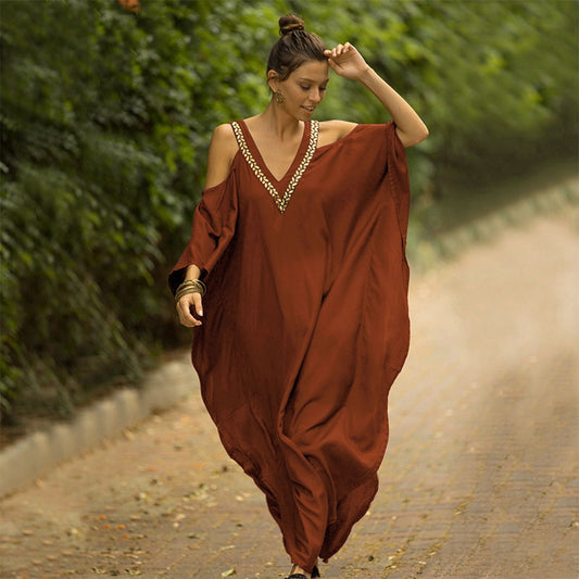 Women's V Neck Bat Sleeve Loose Summer Beach Dress Kaftan