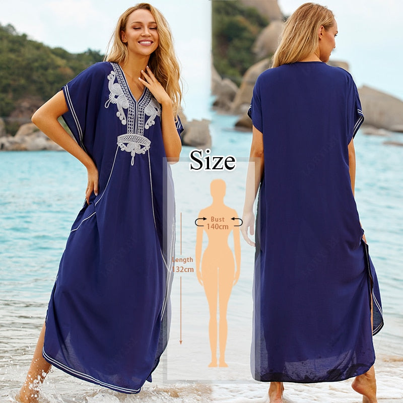 Women's V Neck Bat Sleeve Loose Summer Beach Dress Kaftan