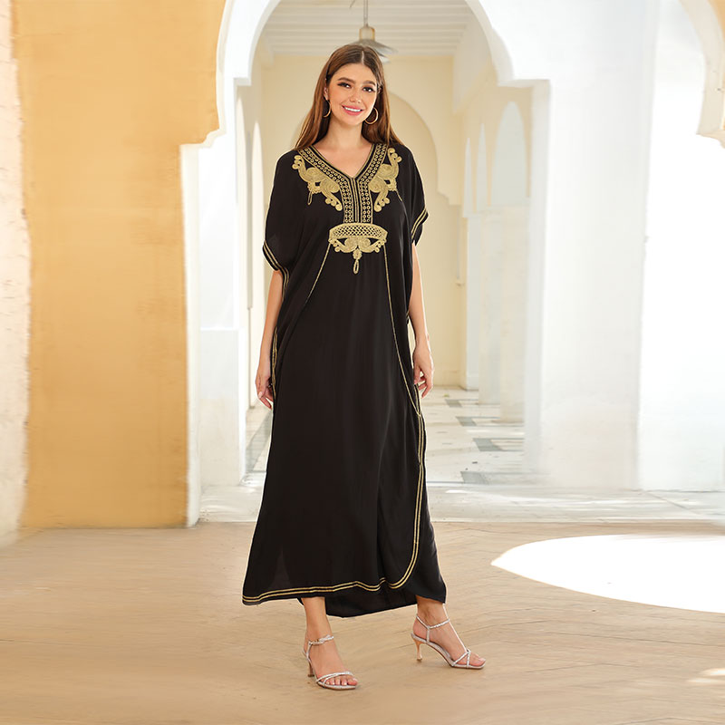 Women's V Neck Bat Sleeve Loose Summer Beach Dress Kaftan