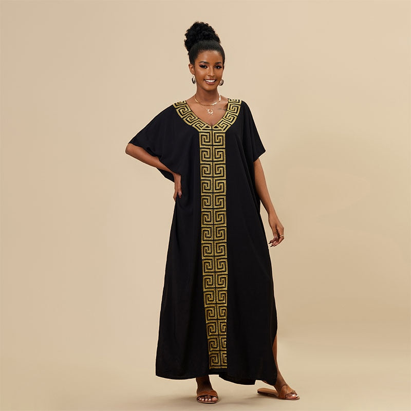 Women's V Neck Bat Sleeve Loose Summer Beach Dress Kaftan