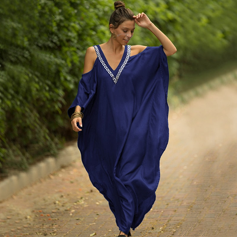 Women's V Neck Bat Sleeve Loose Summer Beach Dress Kaftan