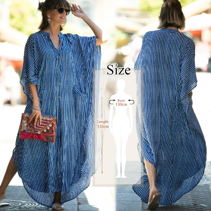 Women's V Neck Bat Sleeve Loose Summer Beach Dress Kaftan