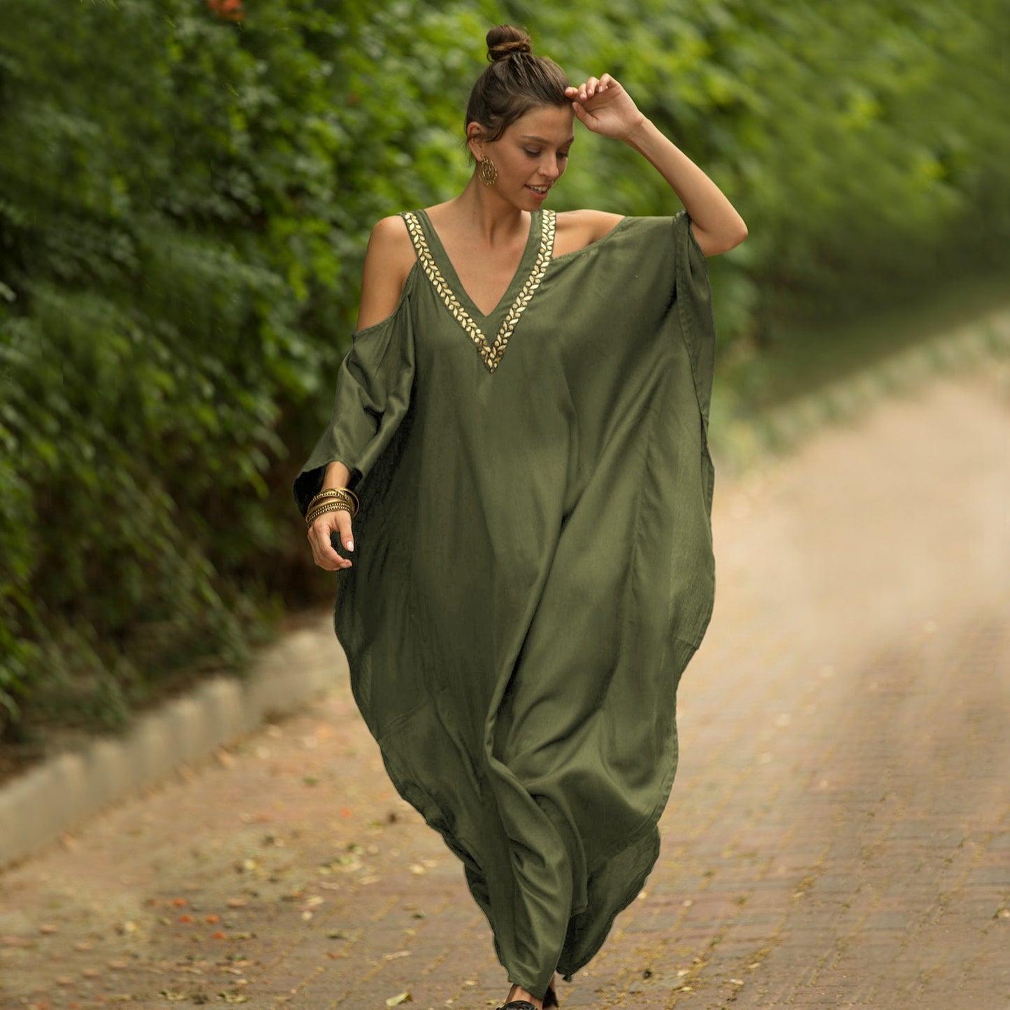 Women's V Neck Bat Sleeve Loose Summer Beach Dress Kaftan